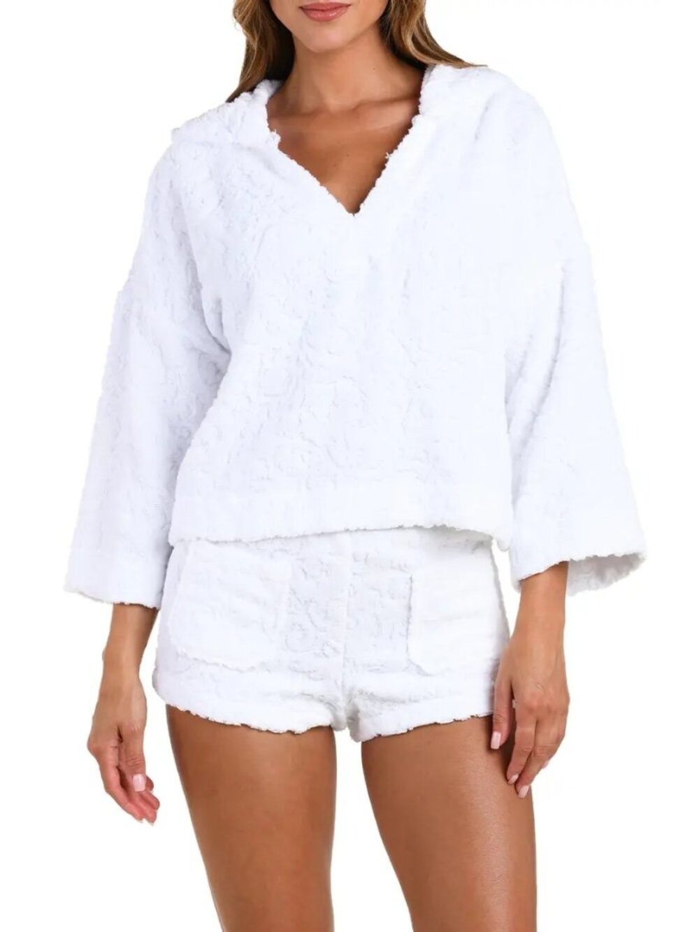 NWT L'AGENCE Lee Ornate Crop Terry Cover-Up Hoodie White Size Medium